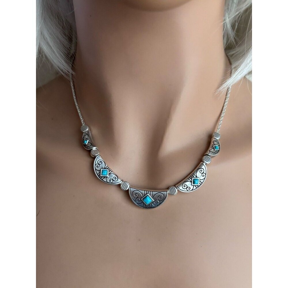 Brighton Primrose Turquoise Necklace Collar rare Silver Plated rope chain Signed